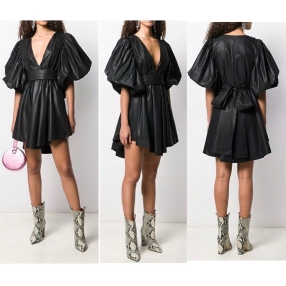 MSGM Satin High Shine Faux Wrap Asymmetrical  Puff Sleeve Bow Tie Mini Dress NEW - Picture 6 of 16